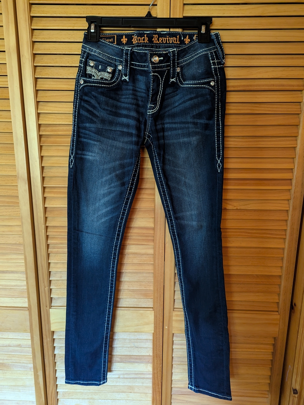 Rock Revival Dark Blue Skinny Jeans with White Contrast Stitching